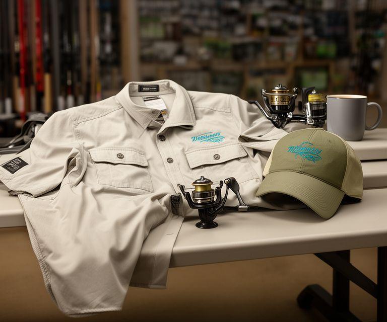 Lightweight fishing shirt and cap arranged on a bench with reels and a coffee mug in a tackle shop