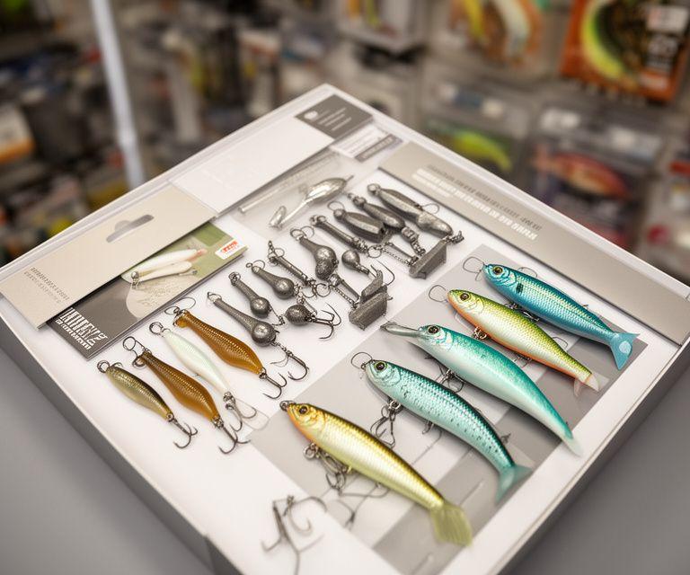 Fresh bait and tackle bundle arranged in a compact shop display with hooks, weights, and soft plastics