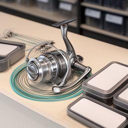 Compact spinning reel displayed on a tackle counter beside fishing line and lure trays